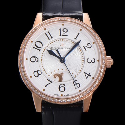 SA급 예거 르꿀르뜨 여성용 랑데뷰 나잇&데이 문페이즈 오토매틱 898A 타입 무브 34mm 금장시계 보석 배젤 가죽줄 화이트다이얼 jag1151 xx