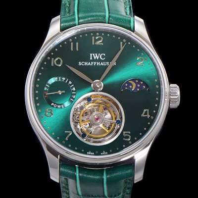 SA급 아이더블유씨 남성용 신제품 UP!! 포르투기즈 컴플리케이션 하이  "투어빌론 문페이즈 파워 리저브"아시안 투어빌론 탑재  42mm 가죽줄 그린 다이얼   iwc9359 xx