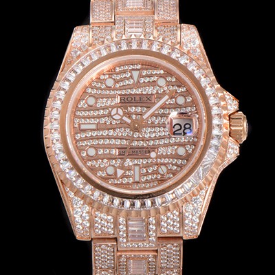SA급 로렉스 남성용 지엠티-마스터 오토매틱 E2836-2 타입 18K 로즈골드/풀다이아몬드 셋팅 41mm 메탈줄 골드/다이아몬드 다이얼 rol1299 xx