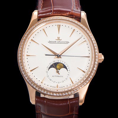 SA급 예거 르꿀르뜨 남성용 마스터 울트라 씬 문페이즈 오토매틱 925타입 18K로즈골드/다이아몬드 베젤 39mm 가죽줄 화이트다이얼 jag1519 xx