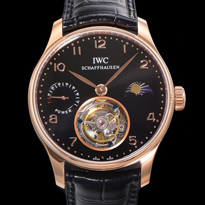 SA급 아이더블유씨 남성용 신제품 UP!! 포르투기즈 컴플리케이션 하이  "투어빌론 문페이즈 파워 리저브"아시안 투어빌론 탑재  18K 로즈골드 42mm 가죽줄 블랙 다이얼   iwc1959 xx