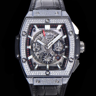 SA급 휴블렛 남성용 스피릿 빅뱅 마스터피스 크로노그래프 Hub4700타입 45mm 다이아몬드 셋팅 가죽줄 스켈래톤다이얼 hub3199 xx