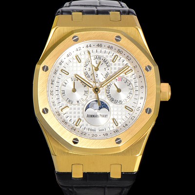 SA급 오데마피게 남성용 로얄오크 퍼펙츄얼 캘린더 41mm 오토매틱 T5134 타입 18K옐루골드 가죽줄 화이트다이얼  aud3191 xx