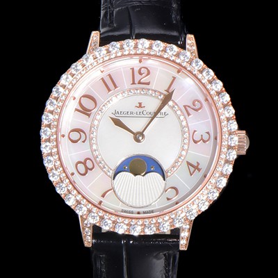 SA급 예거르꿀뜨르 여성용 랑데뷰 문미듐 오토매틱 Cal.935타입 34mm 18K 로즈골드 보석/다이아 베젤 가죽줄 화이트다이얼 jag9912 xx
