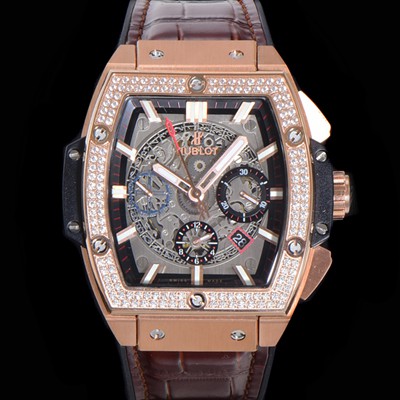 SA급 휴블렛 남성용 스피릿 빅뱅 마스터피스 크로노그래프 Hub4700타입 45mm 18K로즈골드/다이아몬드 셋팅 가죽줄 스켈래톤다이얼 hub9351 xx