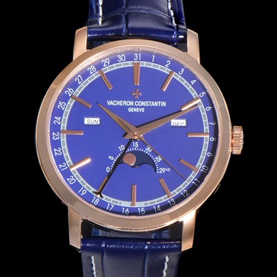 SA급 바쉐런콘스탄팀 남성용 트레디셔널 문페이즈 오토매틱 2460QCL 타입 41mm 18K 로즈골드 가죽줄 블루다이얼 vac1921 xx