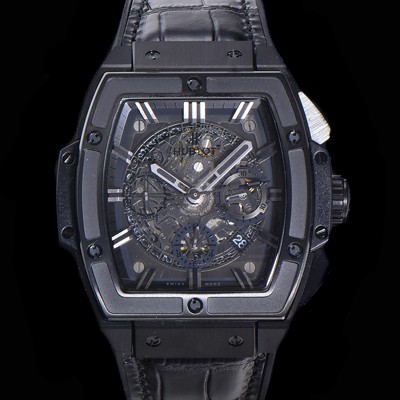 SA급 휴블렛 남성용 스피릿 빅뱅 마스터피스 크로노그래프 Hub4700타입 45mm PVD코팅 가죽줄 스켈래톤다이얼 hub1512 xx
