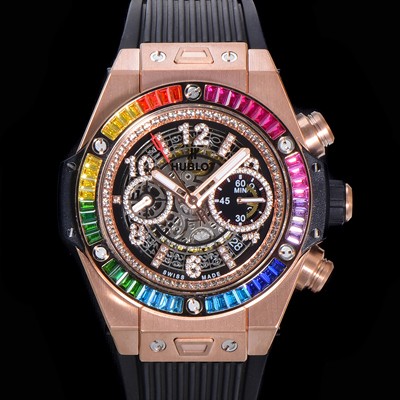 SA급 휴블렛 남성용 빅뱅 유니코 45mm 오토매틱 HUB1280 타입 18K 로즈골드 다이아몬드 베젤 러버줄 스켈래톤 다이얼  hub1253 xx