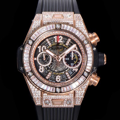 SA급 휴블렛 남성용 빅뱅 유니코 45mm 오토매틱 HUB1280 타입 18K 로즈골드/다이아몬드 풀케이스 러버줄 스켈래톤 다이얼  hub3259 xx