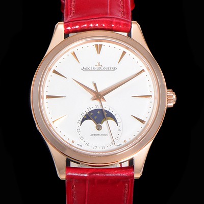 SA급 예거르꿀뜨르 남성용 마스터 울트라 씬 문페이즈 39mm 오토매틱 866타입 18K로즈골드 가죽줄 화이트다이얼 jag1511 xx