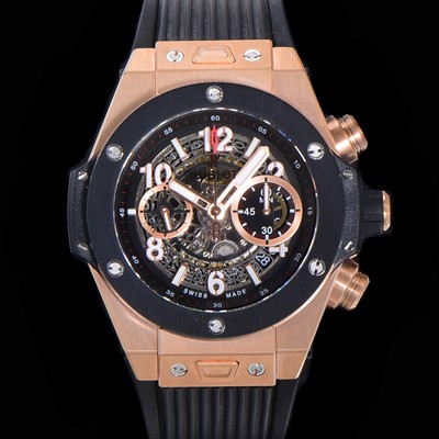 SA급 휴블렛 남성용 빅뱅 유니코 45mm 오토매틱 HUB1242 타입 18K 로즈골드/블랙세라믹 베젤 러버줄 스켈래톤 다이얼  hub1129 xx