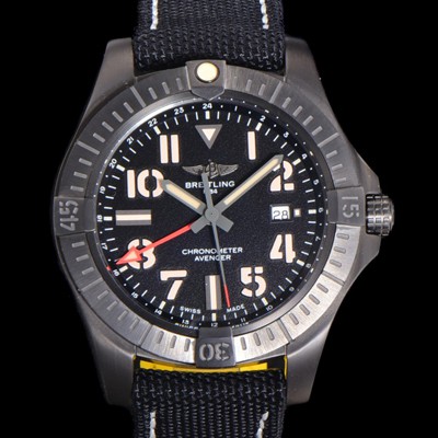 SA급 브라이틀링 남성용 어벤져 나이트 미션 밀리터리 한정판 오토매틱 ETA2836-2 타입 GMT 45mm  DLC코팅 무광 올블랙 나토천/가죽 믹스 블랙다이얼  bre40298 xx