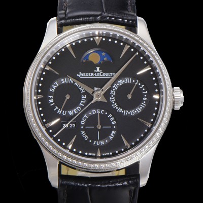 SA급 예거르꿀뜨르 남성용 마스터 울트라 퍼페추얼 캘린더 오토매틱 MC868 타입 39mm 가죽줄 다이아몬드베젤 문페이즈  블랙다이얼 jag49774 xx