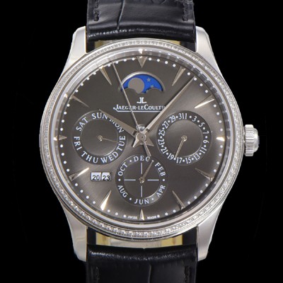 SA급 예거르꿀뜨르 남성용 마스터 울트라 퍼페추얼 캘린더 오토매틱 MC868 타입 39mm 가죽줄 다이아몬드베젤 문페이즈  그레이 다이얼 jag70487 xx