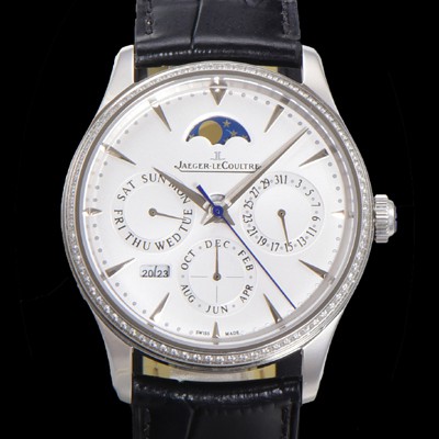 SA급 예거르꿀뜨르 남성용 마스터 울트라 퍼페추얼 캘린더 오토매틱 MC868 타입 39mm 가죽줄 다이아몬드베젤 문페이즈  화이트다이얼 jag24492 xx