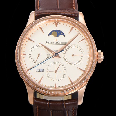 SA급 예거르꿀뜨르 남성용 마스터 울트라 퍼페추얼 캘린더 18K 로즈골드 오토매틱 MC868 타입 39mm 가죽줄 다이아몬드베젤 문페이즈 아이보리다이얼 jag20778 xx