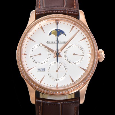 SA급 예거르꿀뜨르 남성용 마스터 울트라 퍼페추얼 캘린더 18K 로즈골드 오토매틱 MC868 타입 39mm 가죽줄 다이아몬드베젤 문페이즈 화이트 다이얼 jag80287 xx