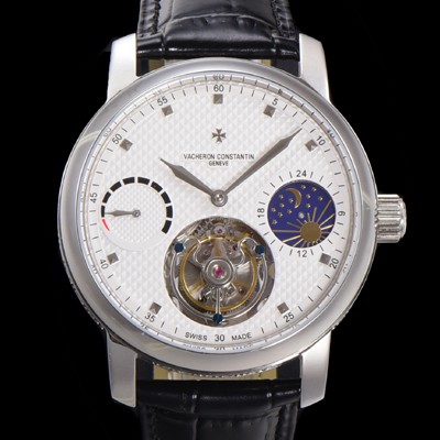 SA급 바쉐런콘스탄틴 남성용 트레디셔널 투어빌론 오토매틱 문페이즈 44mm 가죽줄 화이트다이얼 vac07216 xx