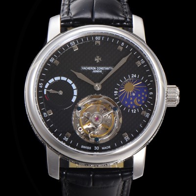 SA급 바쉐런콘스탄틴 남성용 트레디셔널 투어빌론 오토매틱 문페이즈 44mm 가죽줄 블랙다이얼 vac05214 xx