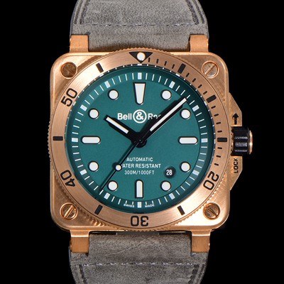 SA급 벨앤로즈 남성용 BR03-92 다이버 브론즈 소재 오토매틱 9015 타입 42mm 가죽줄 그린 다이얼 bel4101 xx