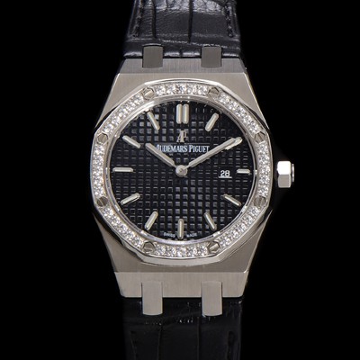 SA급 오데마피게 여성용 로얄오크 67651ST.ZZ.D002CR.01 악어가죽줄 33mm 쿼츠 무브먼트 블랙 와플 다이얼 aud6516 xx