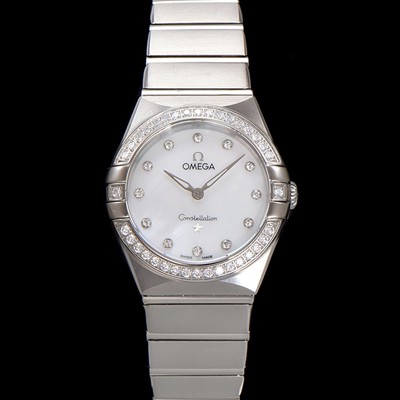 SA급 오메가 여성용 컨스틀레이션 131.15.28.60.55.001 다이아몬드 세팅 베젤 28mm 쿼츠 무브먼트 화이트 자개 다이얼 omg0145 xx