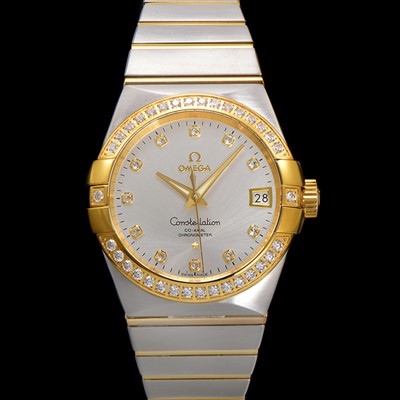 SA급 오메가 남성용 컨스틀레이션 123.25.38.21.52.002 18k 옐로우골드 다이아몬드 세팅 베젤 38mm 오토매틱 8500타입 실버 다이얼 omg0157 xx