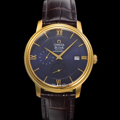 SA급 오메가 남성용 드빌 424.53.40.21.03.001 프레스티지 코-액시얼 39.5mm  18K 옐로우골드 오토매틱 Cal.2627 타입 블루 다이얼 omg0177 xx