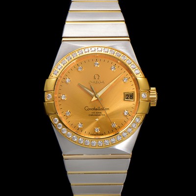 SA급 오메가 남성용 컨스틀레이션 123.25.38.21.58.001 18k 옐로우골드 다이아몬드 세팅 베젤 38mm 오토매틱 8500타입 샴페인 다이얼 omg0158 xx