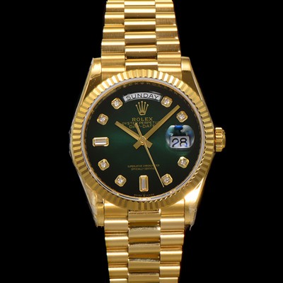 SA급 로렉스 남성용 New 데이데이트 m128238-0069 무게173g 18K 옐로우골드 프레지던트 36mm 오토매틱 Cal.2836-2 타입 다이아몬드 그린 옴브레 다이얼 rol5408 xx