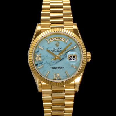 SA급 로렉스 남성용 New 데이데이트 m128238-0071 무게173g 18K 옐로우골드 프레지던트 36mm 오토매틱 Cal.2836-2 타입 다이아몬드 터키석 다이얼 rol5409 xx