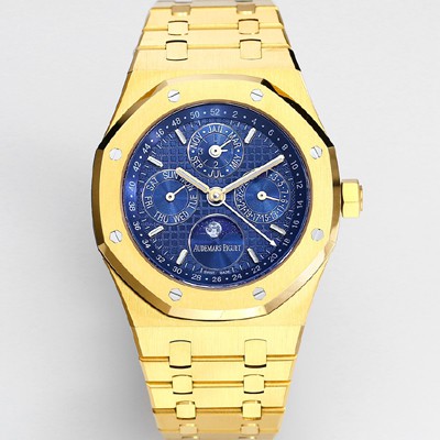 SA급 오데마피게 남성용 로얄오크 26574 퍼페츄얼 캘린더 문페이즈 18K 옐로우골드 41mm 블루 다이얼 신형 5134 오토매틱 무브먼트 aud4211 xx