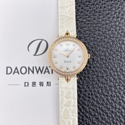 SA급 오메가 여성용 드빌 424.58.27.60.55.002 프레스티지 듀드롭 27.4mm 18K 로즈골드 다이아몬드 쿼츠 무브먼트 화이트 자개 다이얼 omg0236 xx