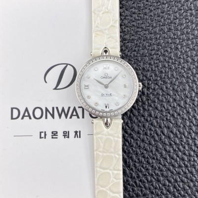 SA급 오메가 여성용 드빌 424.18.27.60.52.001 프레스티지 듀드롭 27.4mm 다이아몬드 쿼츠 무브먼트 화이트 자개 다이얼 omg0238 xx
