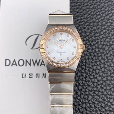 SA급 오메가 여성용 컨스틀레이션 맨해튼 131.25.28.60.55.001 로즈골드 다이아몬드 세팅 베젤 28mm 쿼츠 Cal.4061무브먼트 화이트 자개 다이얼 omg0225 xx