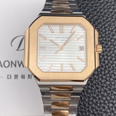 SA급 파텝필립 남성용 큐비투스 데이트 Ref.5821 콤비 18K 로즈골드 45mm 오토매틱 Cal.26-330 SC 타입 화이트 다이얼 pat2260 xx