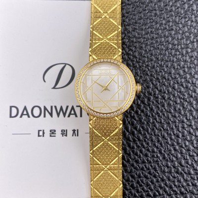 SA급 
디올 여성용 라디드 사틴 25mm 다이아몬드 18K 옐루골드 쿼츠 무브먼트 화이트 자게 다이얼 dio1001 xx