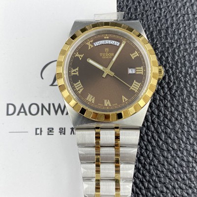 SA급 튜더 남성용 로얄 워치 오토매틱 스위스 ETA2836-2 타입 18K 옐루골드 41mm 메탈줄 브라운 다이얼 tud5134 xx