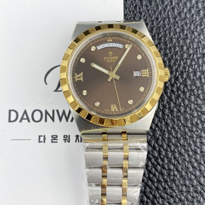 SA급 튜더 남성용 로얄 워치 오토매틱 스위스 ETA2836-2 타입 18K 옐루골드 41mm 메탈줄 브라운 다이얼 tud5135 xx