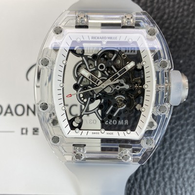 SA급 리차드밀레 남성용 RM055 트랜스파랜트 50mm 미네랄 크리스탈 기계식 수동형 무브먼트 화이트 스켈레톤 다이얼 ric0325 xx