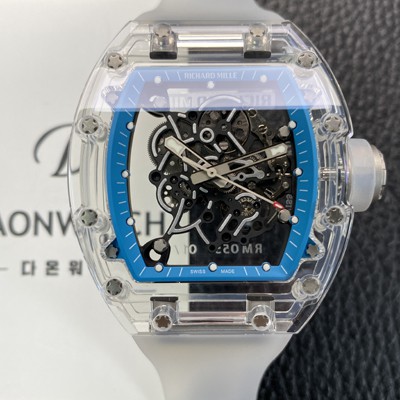 SA급 리차드밀레 남성용 RM055 트랜스파랜트 50mm 미네랄 크리스탈 기계식 수동형 무브먼트 블루 스켈레톤 다이얼 ric0328 xx
