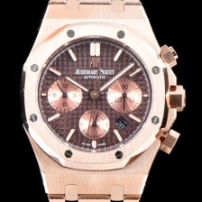 SA급 오데마피게 남성용 NEW 로얄오크 26331OR.OO.1220OR.02 18K 로즈골드 41mm 사이즈 드레스 워치!! 크로노그래프 브라운 와플 다이얼 브레이슬릿 신형 ETA 7750B-2 오토매틱 무브먼트 AUD0121 xx