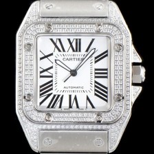 SA급 까르띠에 남성용 산토스 100 베스트 에디션 W20073X8 미듐 모델 화이트 골드-다이아몬드 실버 마감 오팔린 다이얼 오토매틱 무브먼트 CAR4011 xx