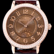 SA급 예거르꿀르뜨 남성용 랑데부 나잇&데이 344242J 레이디 워치 18K 로즈골드 최상급 다이아몬드 세팅 베젤 문페이즈 브라운 텍스쳐드 다이얼 오토매틱 무브먼트 JAG0420 xx