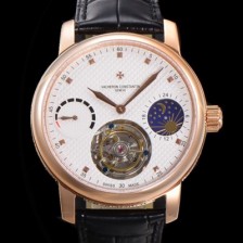 SA급 바쉐런콘스탄틴남성용 트레디셔널 투어빌론 오토매틱 문페이즈 44mm 18K 로즈골드 가죽줄 화이트다이얼 vac27348 xx