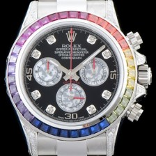SA급 로렉스 남성용 904L스틸 업!! 데이토나 116599 레인보우 무지개 컬러 바게크 컷 사파이어 36개 세팅 베젤 블랙 다이얼 오이스터 브레이슬릿 7750B-2 오토매틱 무브먼트 ROL0050 xx