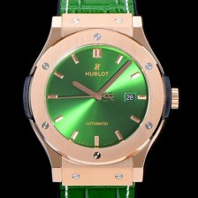 SA급 휴블렛 남성용 클래식 퓨전 45미리 금장 오토매틱 9015 타입 가죽/러버 믹스 그린다이얼 HUB73545 xx