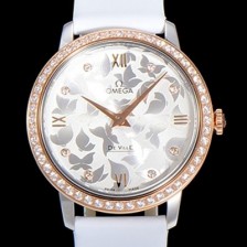 SA급 오메가 여성용 드빌 프레스티지 32.7미리 쿼츠 금장 보석/큐빅 셋팅 4061타입 레이디 소가죽줄 화이트다이얼 OMG79446 xx