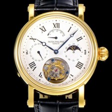 SA급 파텍필립 남성용 그렌드 컴플리케이션 투어빌론 문페이즈 42mm 옐루골드 금장시계 가죽줄 오토매틱 화이트다이얼 PAT75392 xx