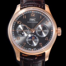SA급 아이더블유씨 남성용 포르투기즈 퍼페추얼 캘린더 문페이즈 오토매틱 42mm Cal.82650 타입 18K 로즈골드 가죽줄 그레이다이얼   iwc71932 xx